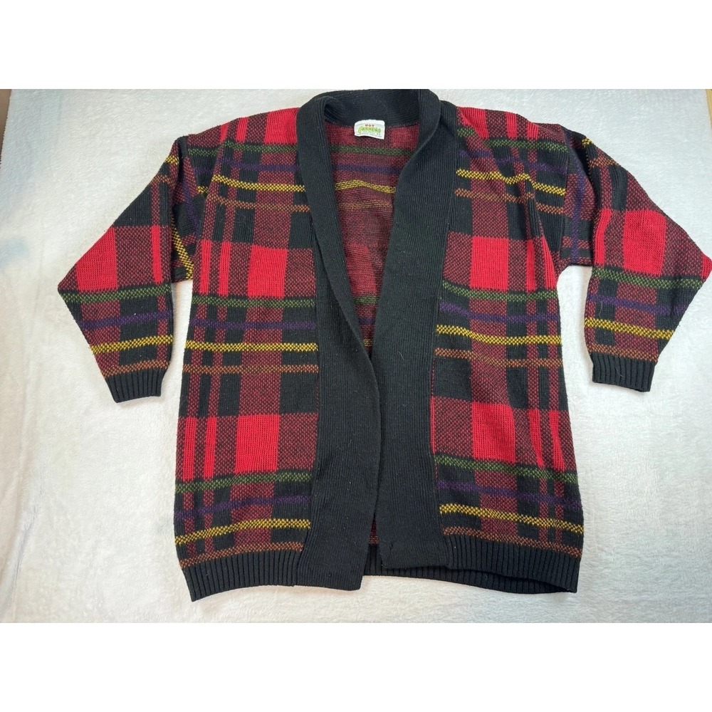 Vtg Hot Cashews‎ Cardigan Red Black Tartan Oversized Medium Preppy Classic